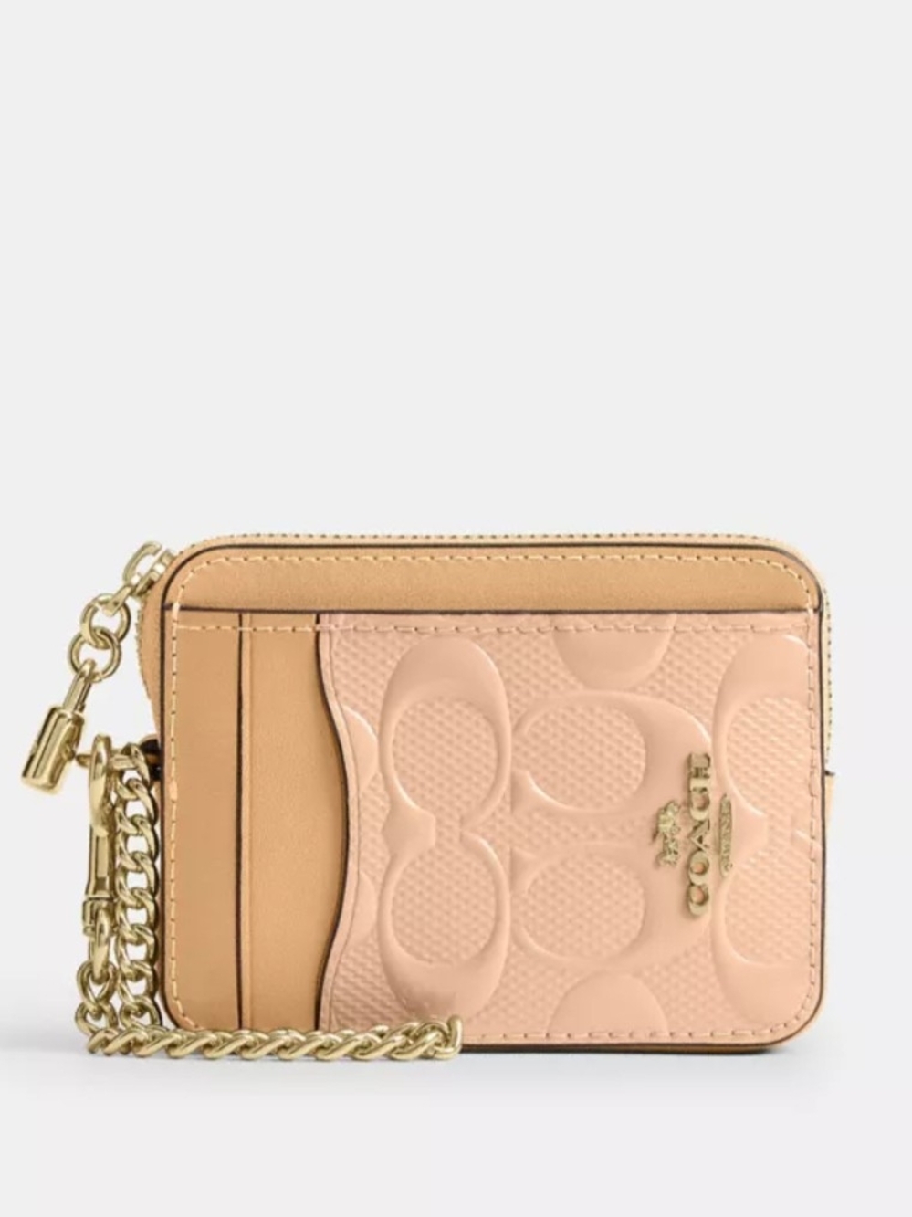 Coach Patent Card Case Wallet in Blush and Tan with Gold Chain